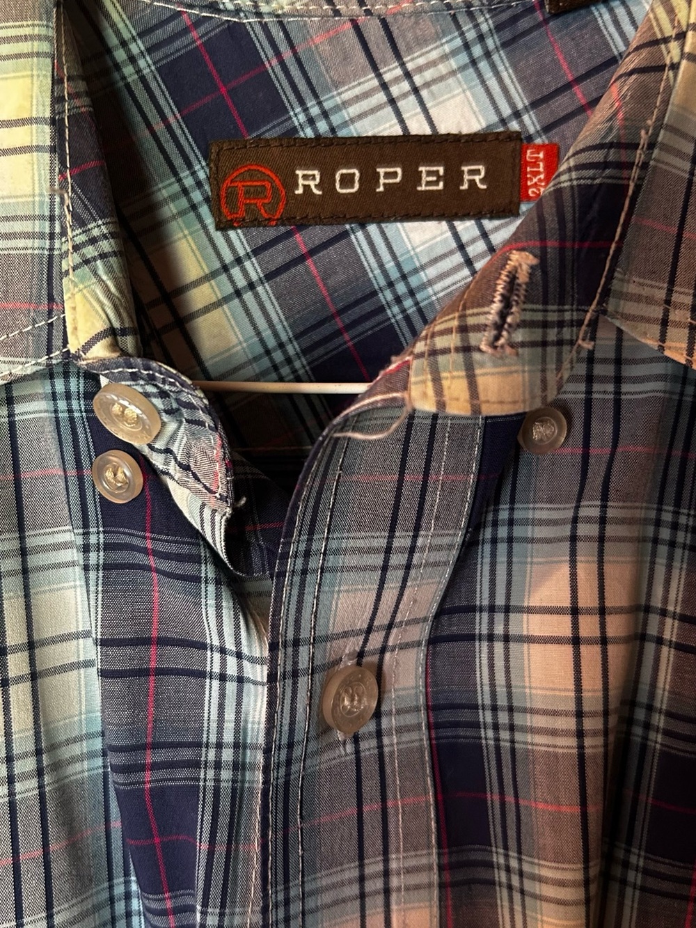 Roper Men's Navy and Light Blue Plaid Button-Down Shirt 2XLT